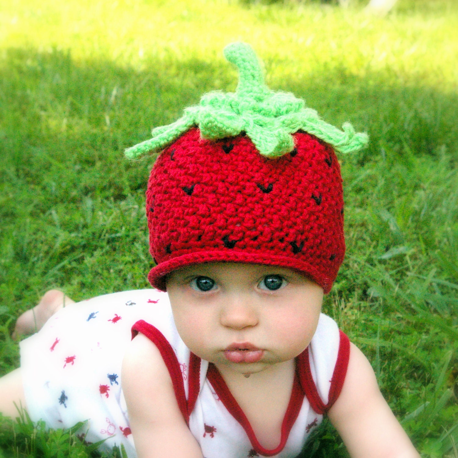 Crochet hat pattern strawberry beanie with peek-a-boo brim  - Pattern number 208 Instant Download