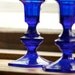 Blues Hues: Pretty translucent vintage cobalt glass candleholders for tapers (not tapirs)