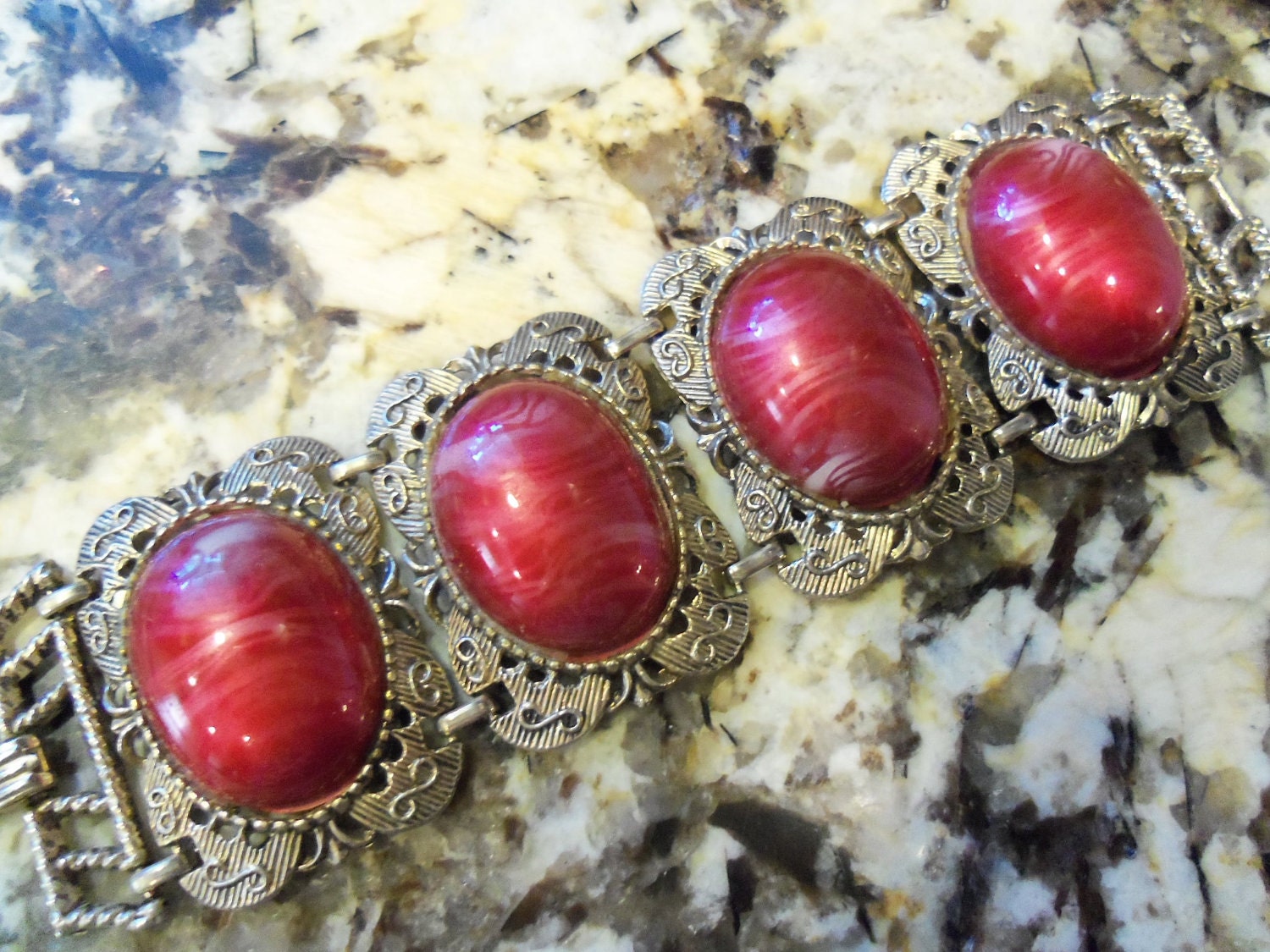 Stunning 1960's Chunky Wide Red Lucite Bracelet Hollywood Regency Mad Men Mod Black Tie Formal Jewelry