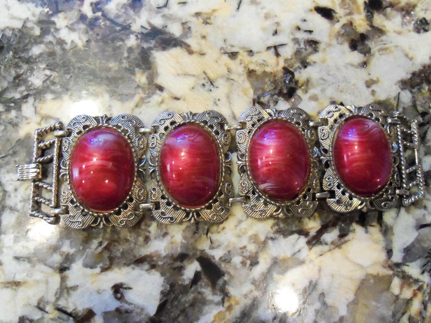 Stunning 1960's Chunky Wide Red Lucite Bracelet Hollywood Regency Mad Men Mod Black Tie Formal Jewelry