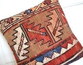 Kazak Kilim Pillow - Carpet Cushion - Vintage Rug Pillow - Wool Oriental Carpet - Area Rug