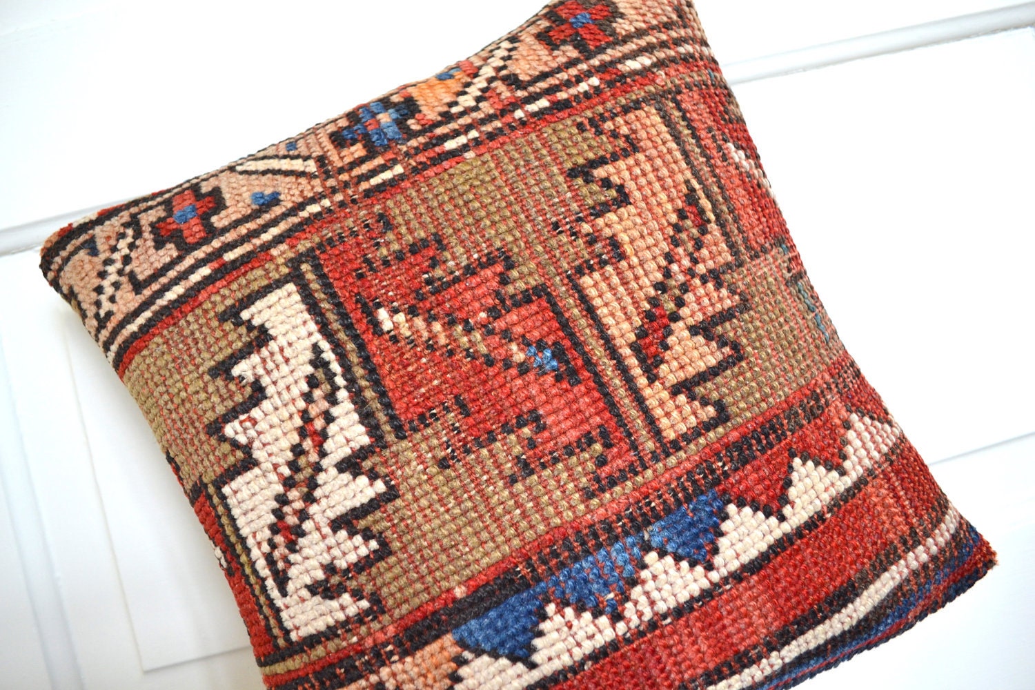 Kazak Kilim Pillow - Carpet Cushion - Vintage Rug Pillow - Wool Oriental Carpet - Area Rug