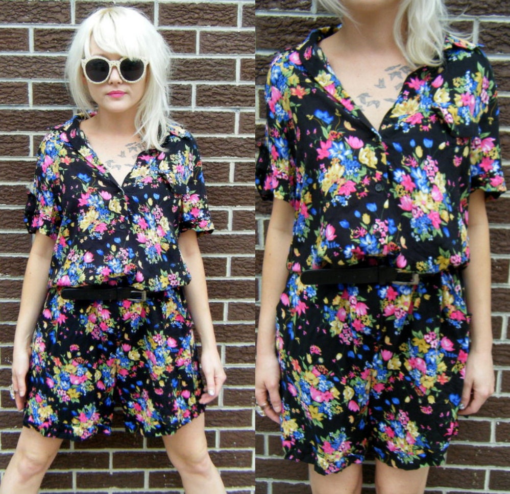 Vintage 90's Grunge Black Floral Flowy Belted Romper Shorts Medium