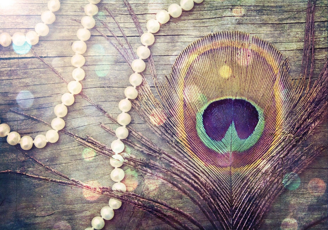 Peacock feather, pearls, 'Adorned', nature, fine art photography, wood, antique, vintage, gold,feathers, wall art - TarasArtHouse