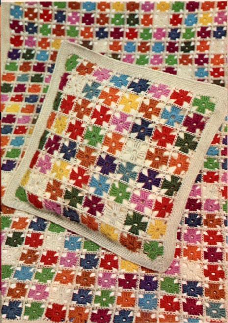 Crochet Pattern PDF Retro Afghan Pillow Blanket Set Multicolored Pinwheel Vintage