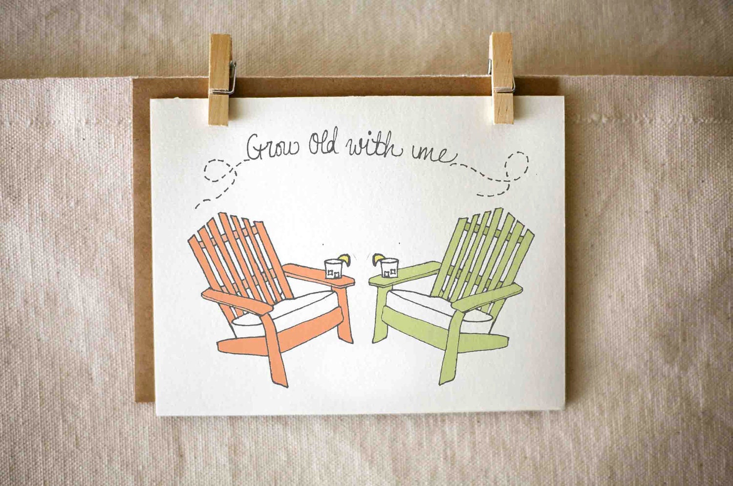 Anniversary card, porch chairs, red and green, i love you, eco friendly, hand drawn stationary - JoyInspiration