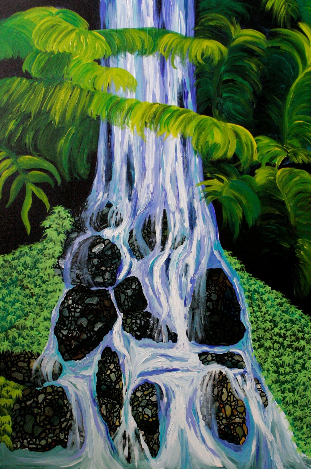 Cyber Monday Sale 40 Dollars offf Likeke Waterfall 24" x 36" original acrylic painting on stretched canvas. Ready to hang.