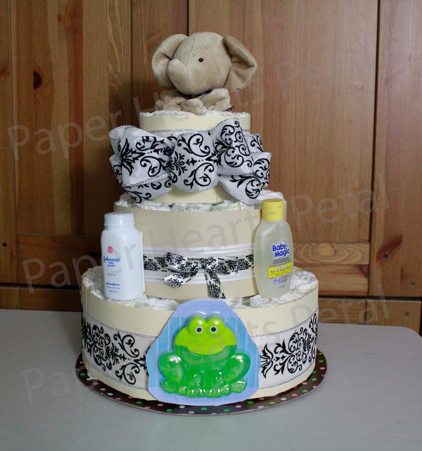 Damask Beige Baby Diaper Cake for Baby Showers with Elephant Safari Jungle Animal Security Blankets