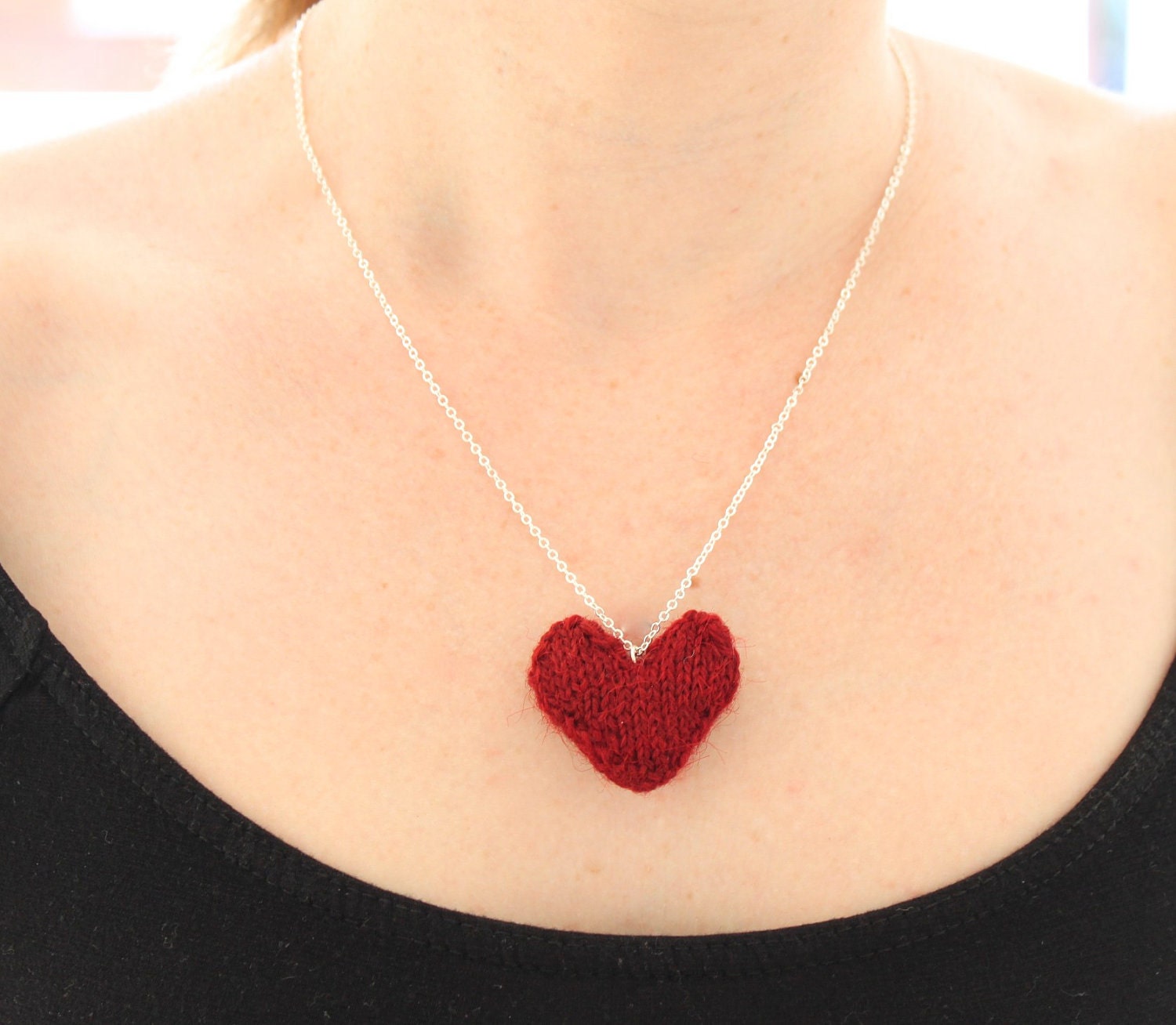 Knitted heart necklace in red, hand spun alpaca yarn