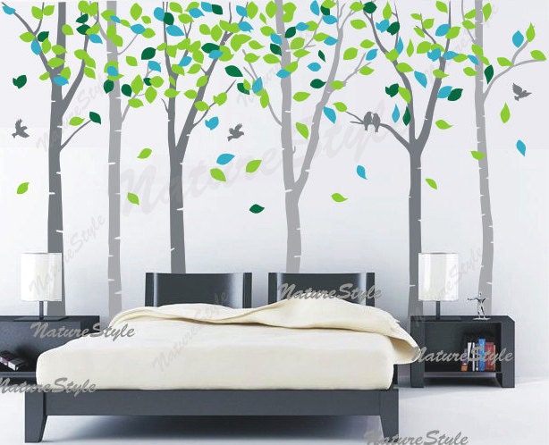 wall decal baby decal  birds Nursery wall decals tree wall decals wall sticker children wall decals office-6 Birch Tree with Colorful leaves