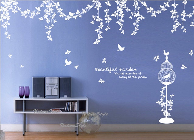 Abstract Flowers with Flying Birds-Vinyl Wall Decal,Sticker,Nature Design