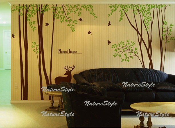 Tree with Flying Birds and Deer-wall decal tree wall decal baby wall decal nursery girl room decal children room decal