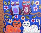 Kerri Ambrosino Art NEEDLEPOINT Mexican Folk Art  Cats Owls and flowers by a Tree