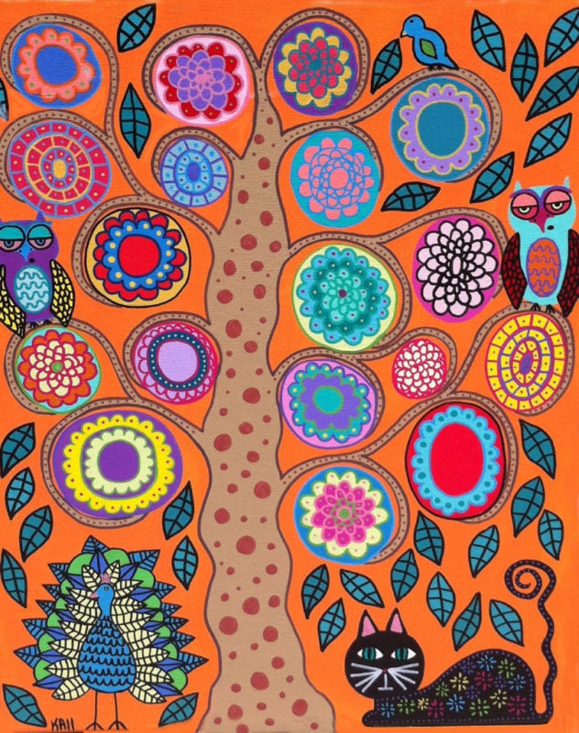 Kerri Ambrosino Art NEEDLEPOINT Mexican Folk Art Tree of Life Cats Peacock Owls