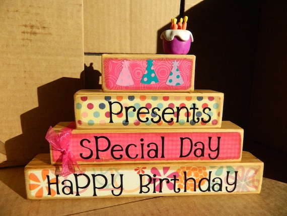 Happy Birthday wooden stacker decoration for Birthday childrens birthday birthday cake party hats pink