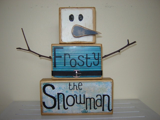 Frosty the Snowman wooden block primitive Christmas decoration for the holidays Christmas carol wooden snowman blue Christmas