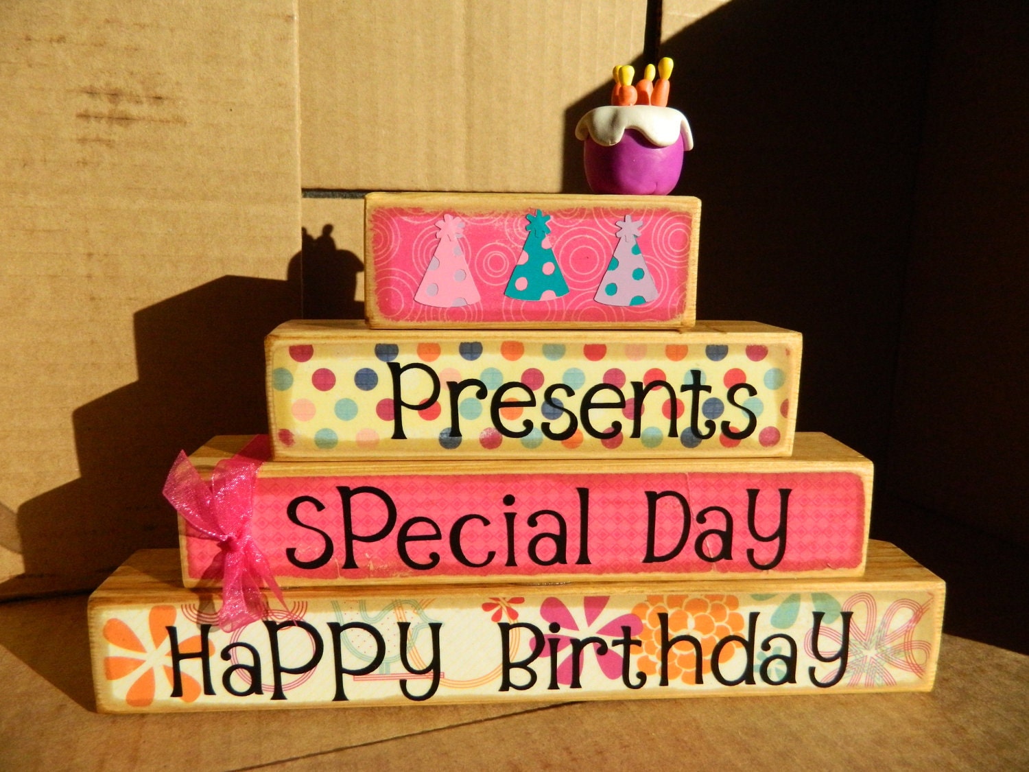 Happy Birthday wooden stacker decoration for Birthday childrens birthday birthday cake party hats pink