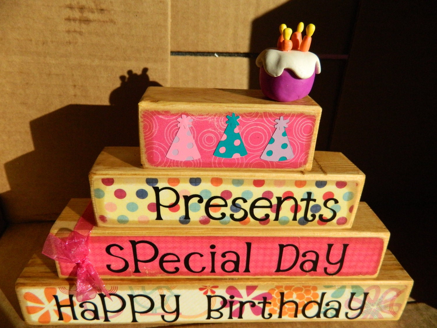 Happy Birthday wooden stacker decoration for Birthday childrens birthday birthday cake party hats pink