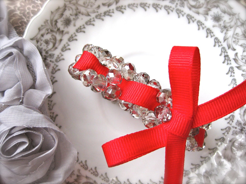 Sparkle Bracelet-Crystal and Red Grosgrain Ribbon-Summer Fashion-Bridesmaid-Stretch-Night Out-Twilight Jewelry
