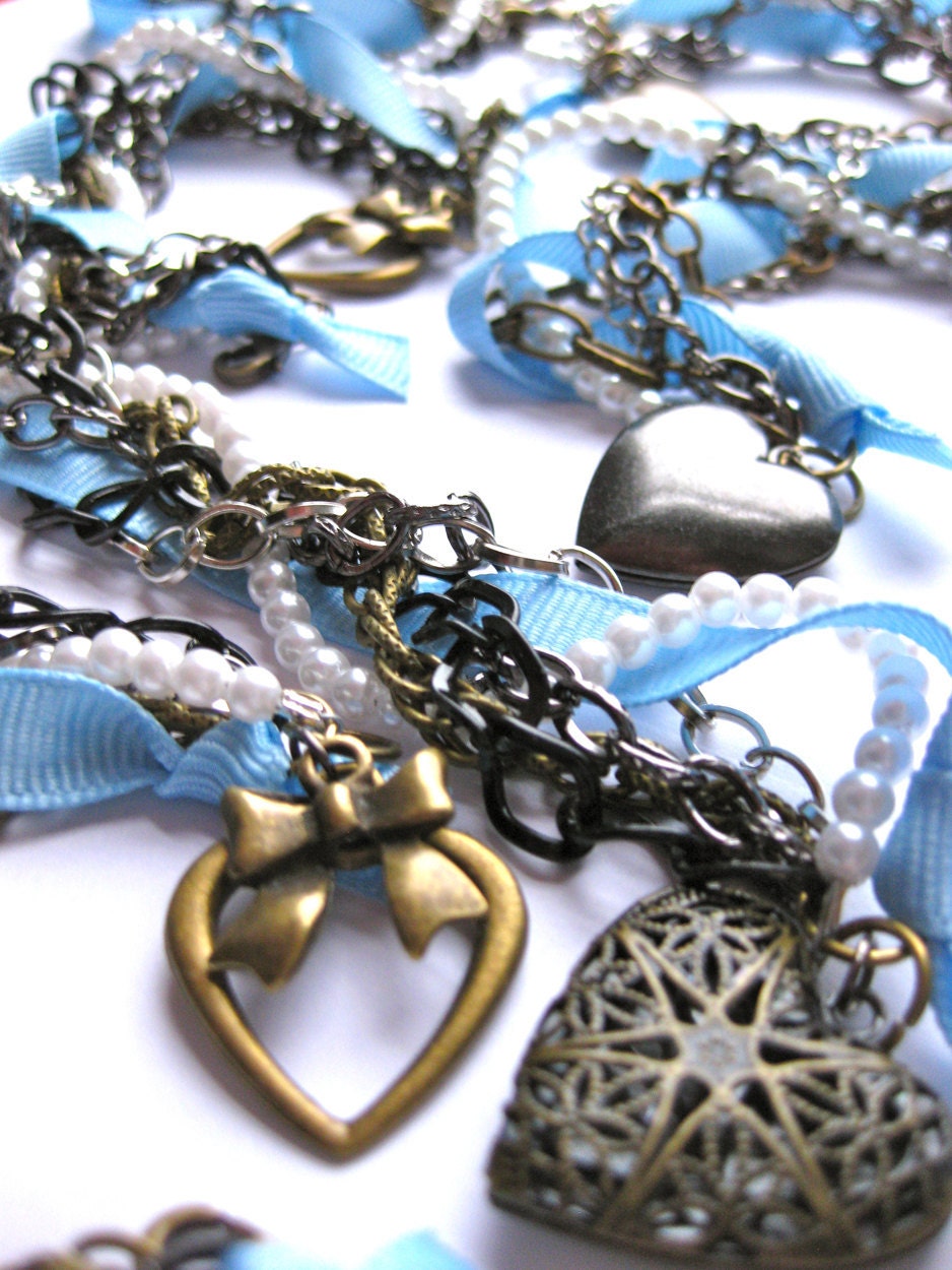 Glam Chunky Chain Bracelet-Pearls, Mixed Metal, Grosgrain Ribbon, and Charms-Custom Variations on this Theme-Bridal, Bridesmaids Jewelry