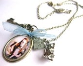Alice in Wonderland Silver Charm Necklace with Blue Bow-Alice cameo, scrolled key, playing cards, Queen of Hearts-Spring Easter Jewelry
