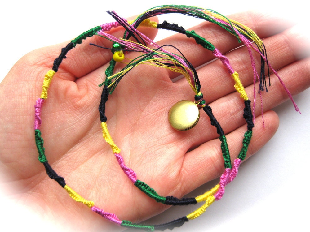 Summer Friendship Bracelet with beads, vintage gold locket charm, and fringe-Tie Me On-Adjustable-nautical, boho