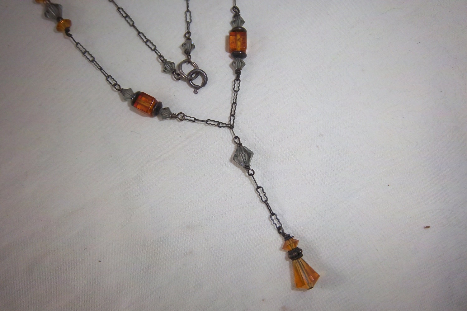 Vintage "Y" Necklace w/ Amber & Gray Crystals on oxidized silver chain