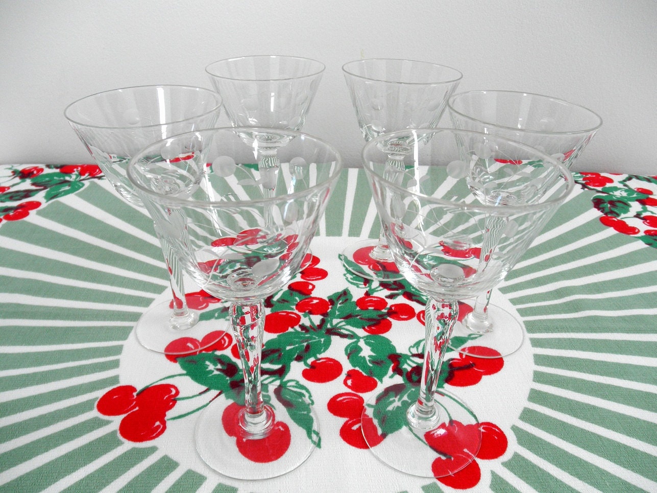 Vintage Cordial Glasses - Polka Dot Flowers - Etched Drinking Glasses - Mid-Century Beauties - Hollywood Regency