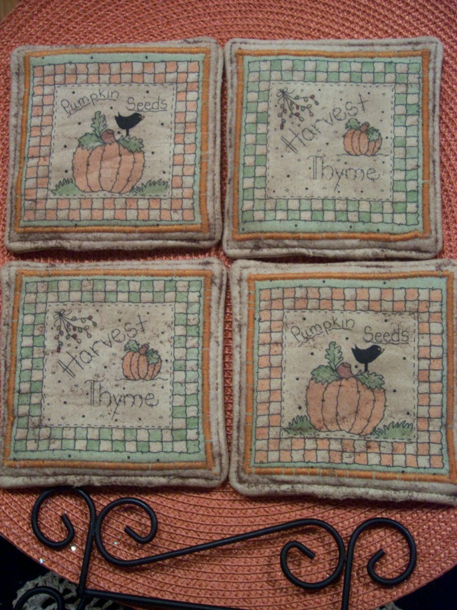 Primitive Country FALL HARVEST PUMPKINS Fabric Coasters Mug Mats