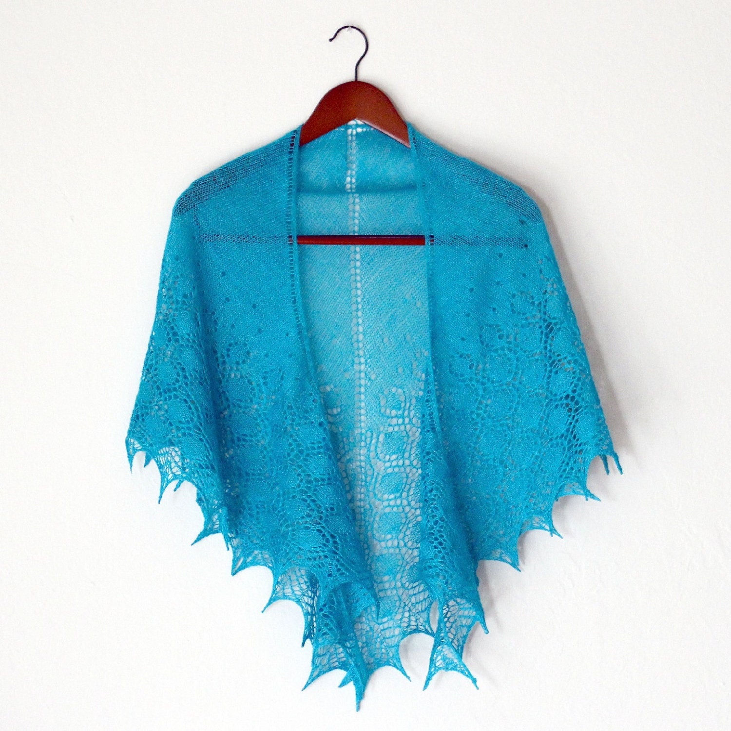 Hand knit shawl in turquoise blue aqua lace  scarf gift for her MADE TO ORDER
