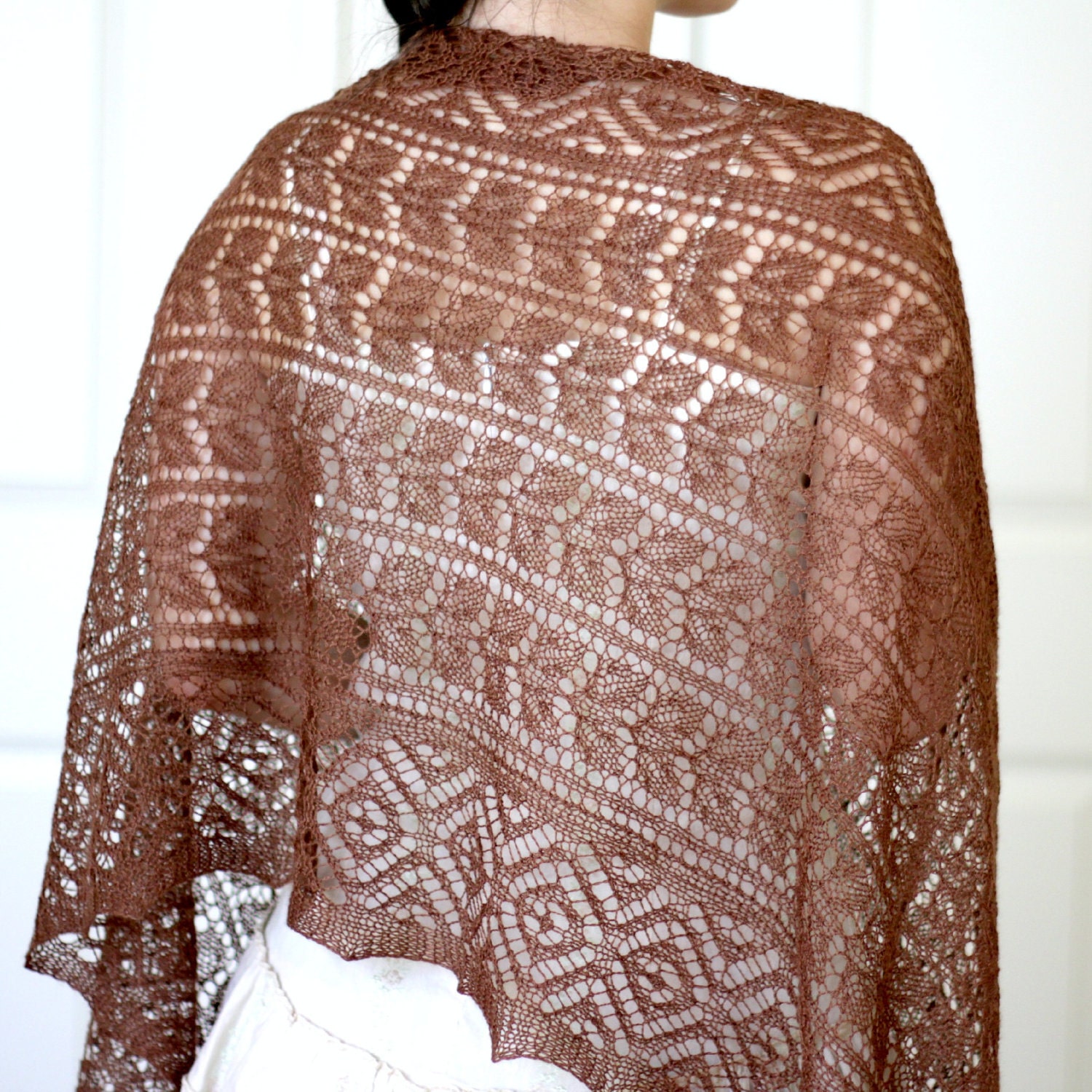 Brown hand knit stole lace elegant in merino/silk gift for her - Made to order