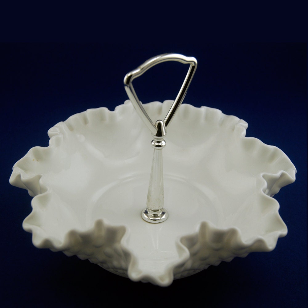 Vintage Hobnail Milk Glass Candy Dish with Handle by