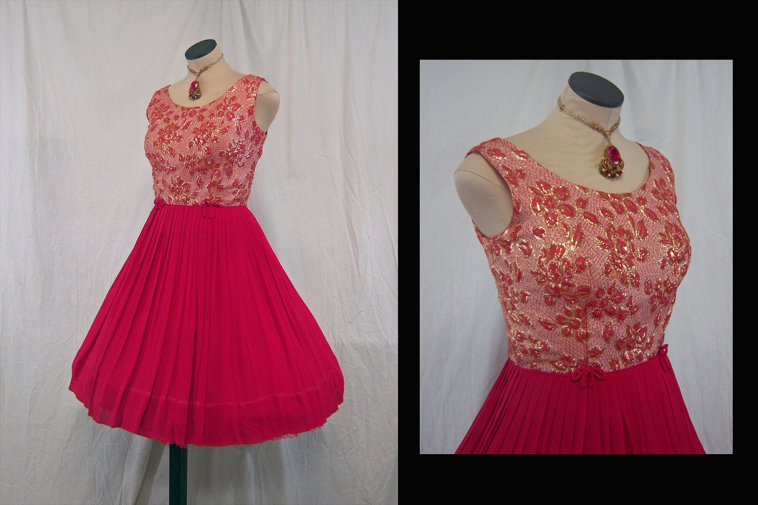 Vintage 50's 60's Cherry Red Chiffon And Gold Metallic Floral Brocade Full Skirt Bombshell Party Swing Prom Dress M