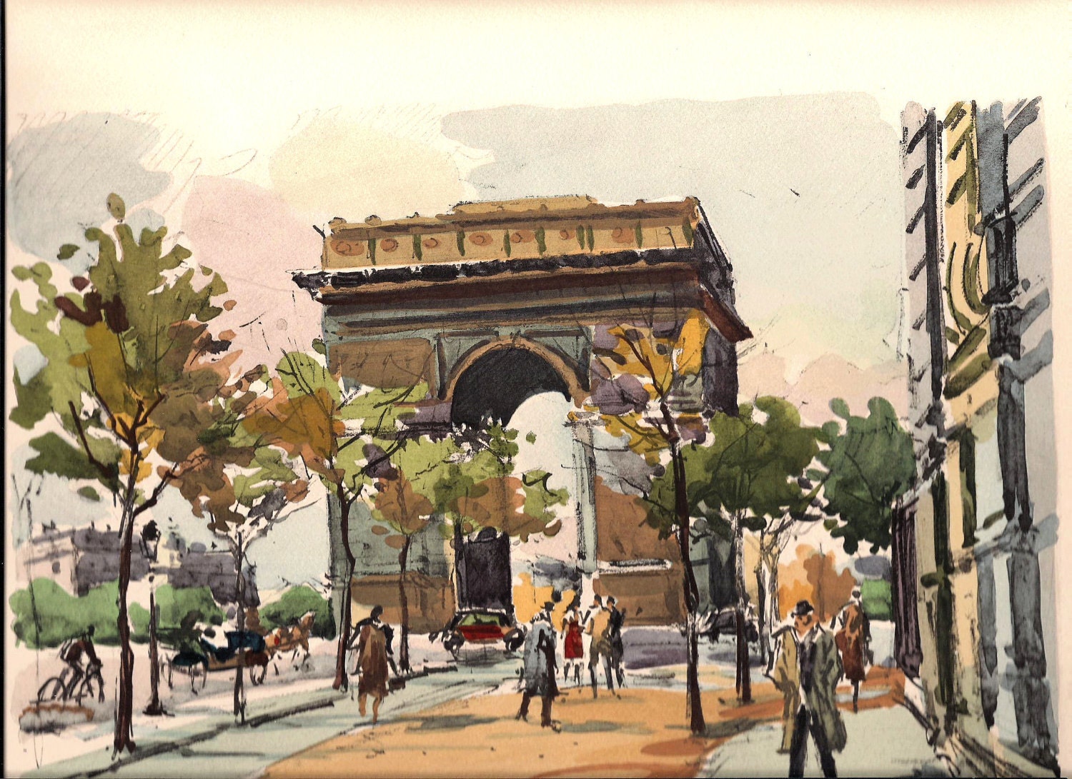 SALE Paris Arc de Triomphe Watercolor Sequie French Country Paris Apartment Print
