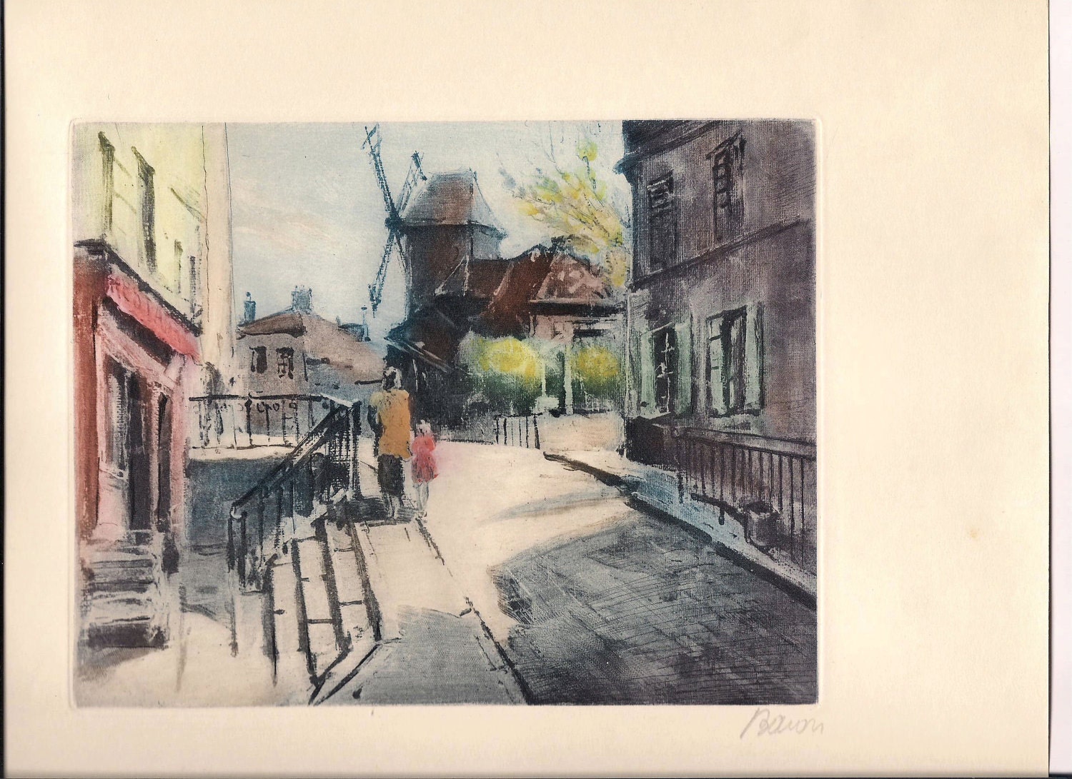 SALE Paul Baum Watercolor Signed Print Windmill Scene Home Decor Dutch Amsterdam Holland
