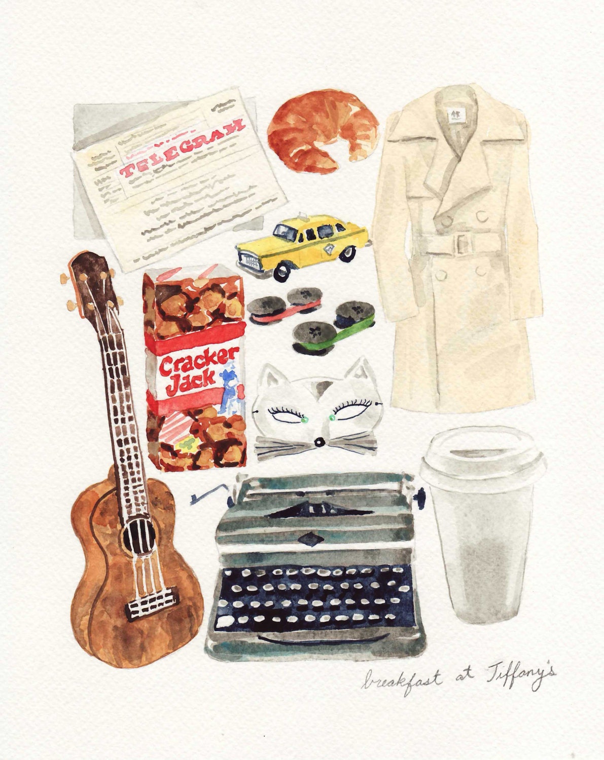 Breakfast at Tiffanys Audrey Hepburn Digital Print of ORIGINAL Watercolor Painting 8 x 10 Classic Trench Mood Board