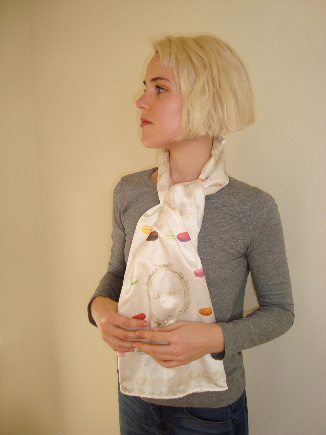 Silk Scarf - Macaron Flavors Menu -large printed silk with luxe hand sewn edge 16 x 50 inch