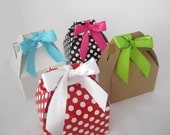 Set of 10 Mini Gable Top Boxes w/ Satin Ribbon Bows- Red Polka Dot - Black Polka Dot - White -Kraft
