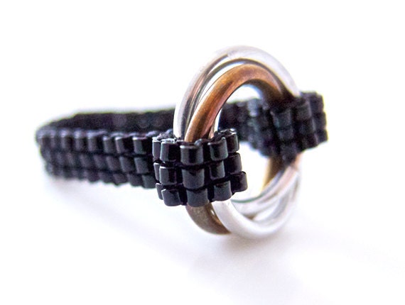 Infinity Ring, Black Beaded Ring, Silver and Gold Ring, Love Ring, Chainmaille Ring, OOAK Ring, Classic Style, Handmade by JeannieRichard
