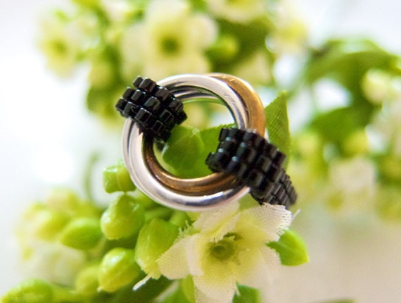 Infinity Ring, Black Beaded Ring, Silver and Gold Ring, Love Ring, Chainmaille Ring, OOAK Ring, Classic Style, Handmade by JeannieRichard