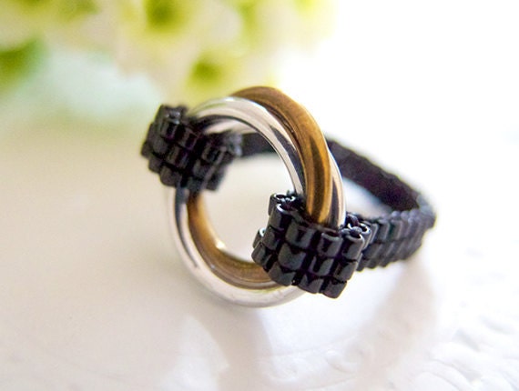 Infinity Ring, Black Beaded Ring, Silver and Gold Ring, Love Ring, Chainmaille Ring, OOAK Ring, Classic Style, Handmade by JeannieRichard