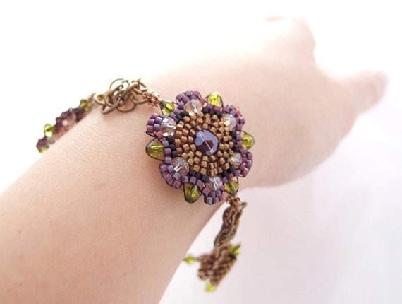 Purple Flower Bracelet, Beaded Bracelet, Beaded Flowers, Brass Chainmaille Chainmail, Boho Hippie Style, OOAK Beadwork by JeannieRichard