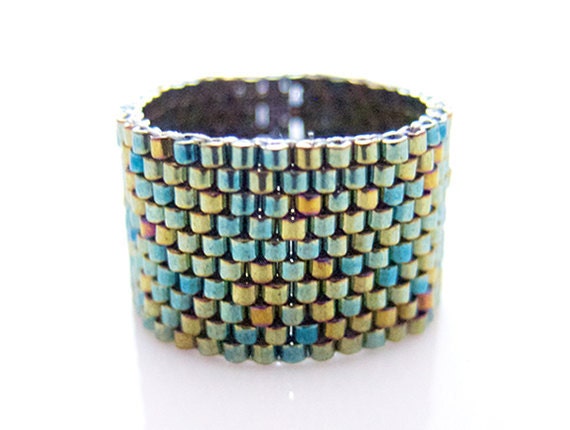 Metallic Green Ring, Green Bead Ring, Beaded Ring Band, Modern Style, Classic Ring Band, Handmade by JeannieRichard