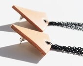 Tan Leather and Black Chain Triangle Slim Dangle Earrings by Cre8tivesoul