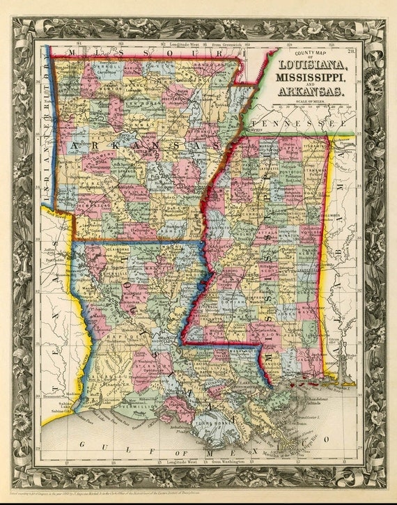 Vintage state map of Arkansas Louisiana by AncientShades on Etsy