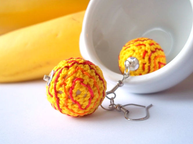 Yellow earrings crochet dangle geometric jewelry red circles embroidered ball bright spring