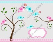 BUY 2 GET 2 FREE - Digital Clip Art Birds - Tree with Love Birds, Digital Scrapbooking, Commercial And Personal Use