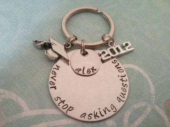 Hand Stamped Graduation Key Chain Class of 2012 With Graduation Cap Charm Personalized With Name and saying Keychain - preciouscharms