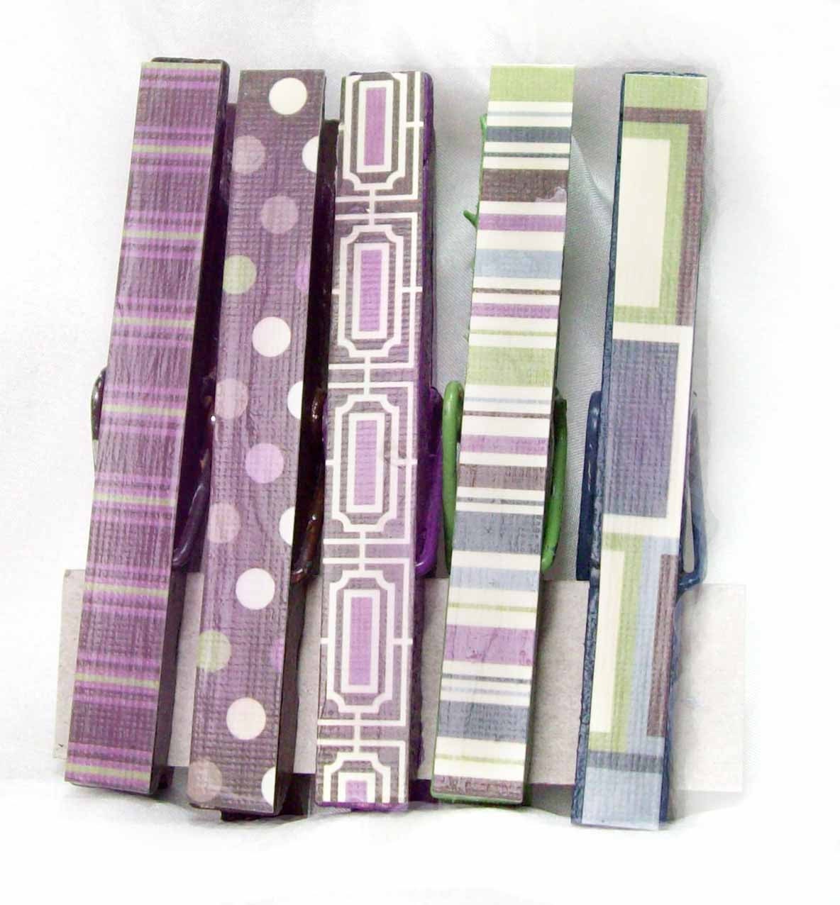 5 clothes pins- hand painted, papered and beautifully finished in purples- ready to ship
