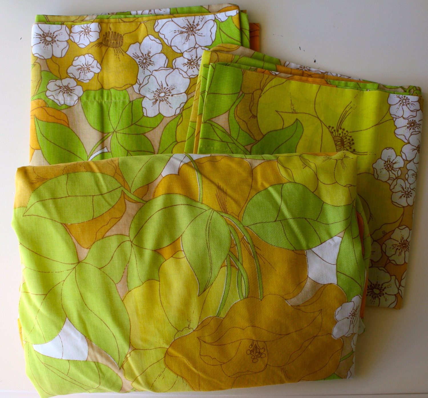 Vintage Pillowcases and Fitted Sheet 1970's Lime Green, Yellow and Orange Flowers